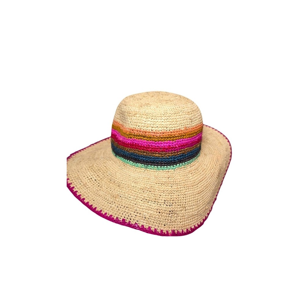 Tirabasso Handwoven Straw Sun‎ Hat Multicolor Stripes & Pink Trim Made In Italy